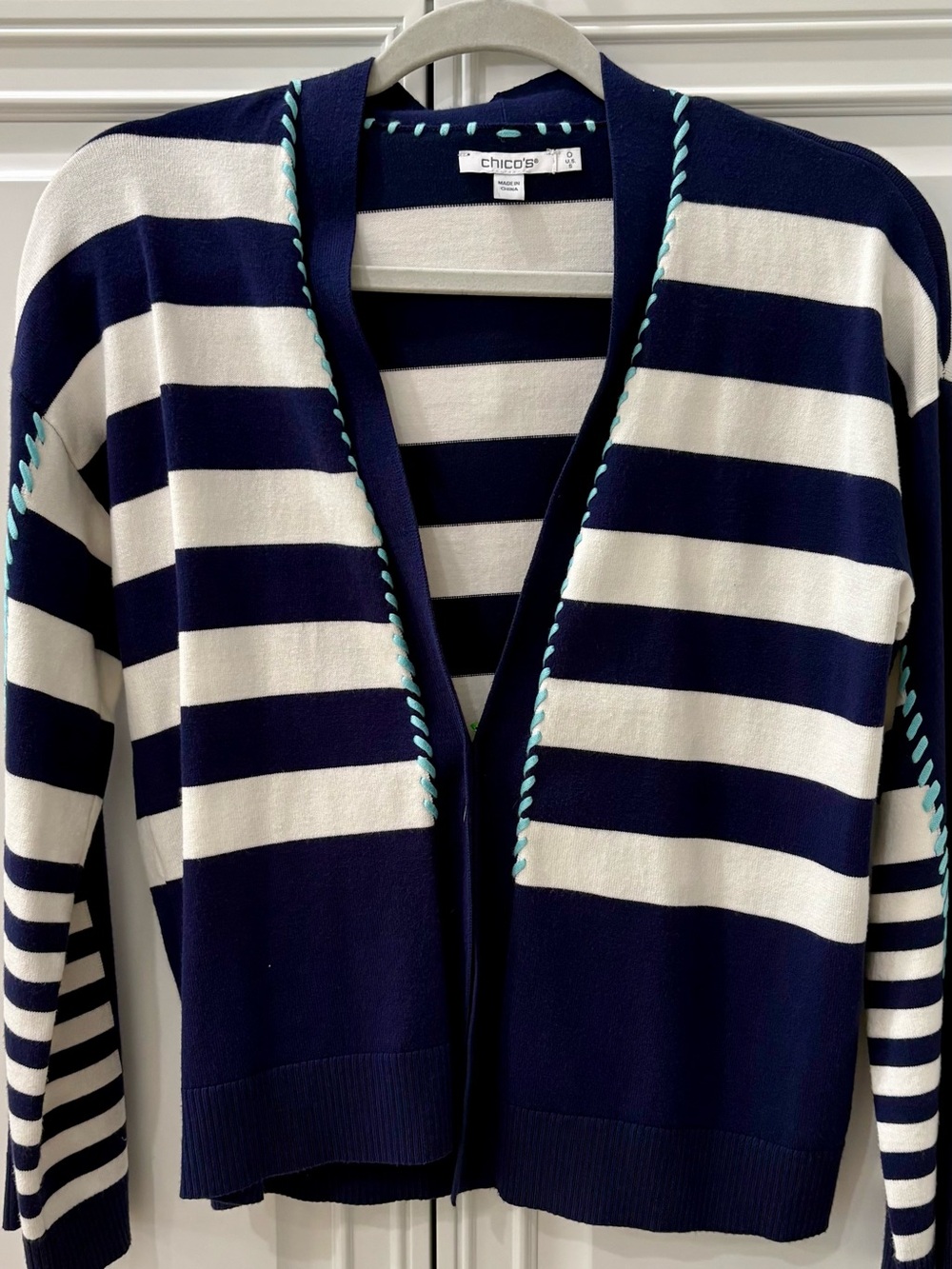 Chico's Navy, White & Aqua Trim Striped Open Cardigan